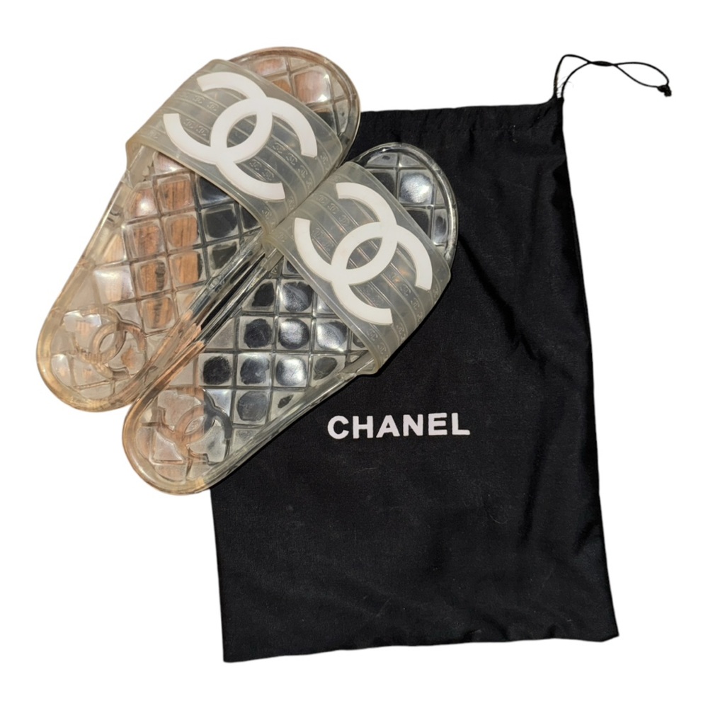 CHANEL Transparent Jelly Slide Sandals with White CC Logos